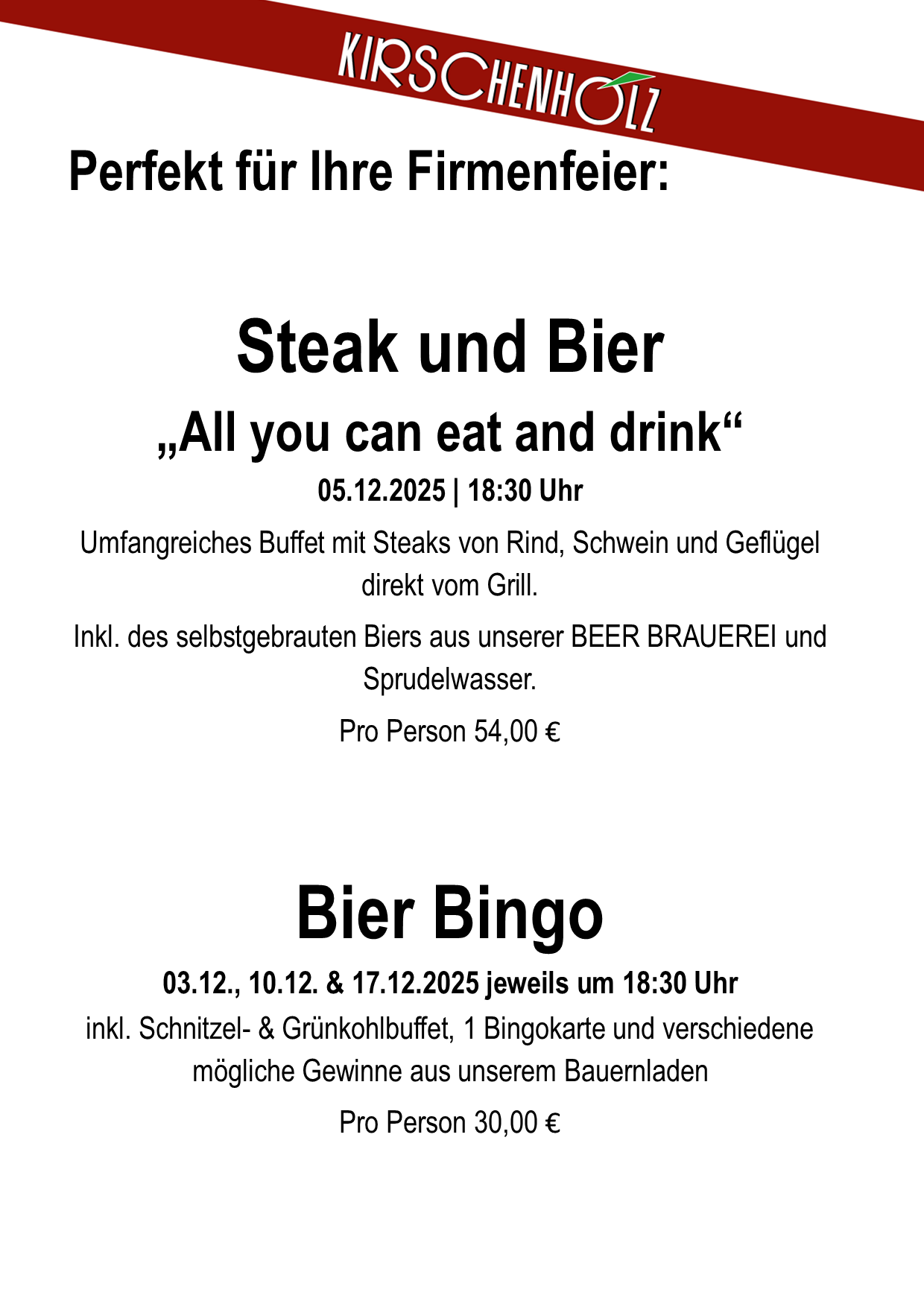 firmenfeier Dinnerabend Achim Orwat Kirschenholz Menü